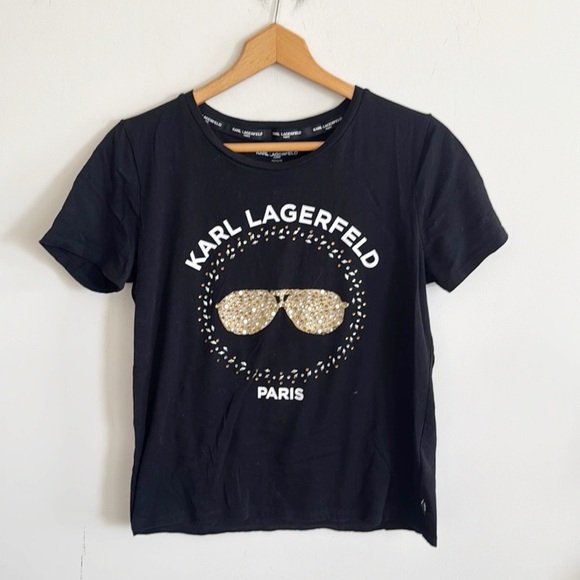 Karl Lagerfeld black sequin stuffed graphic t-shirt size Medium - Picture 1 of 5